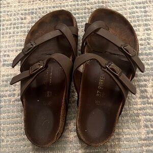 Brown Leather Birkenstocks with bronze buckle